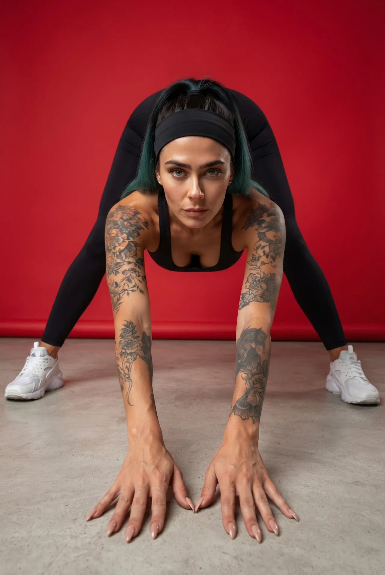 Miko Blue num alongamento em roupa de treino